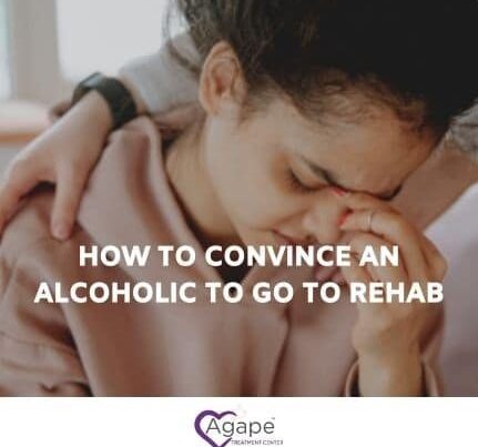 Person holding head in hand, comforted by another's arm, text overlay discussing alcoholism rehab.