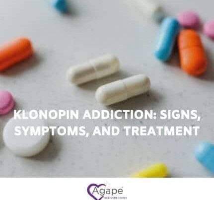 Various colorful pills with text Klonopin Addiction: Signs, Symptoms, and Treatment.