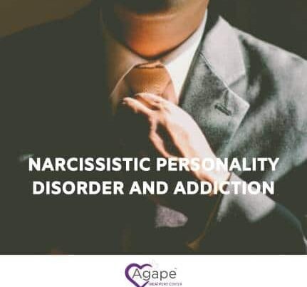 Person adjusting a tie in a suit with text Narcissistic Personality Disorder and Addiction.
