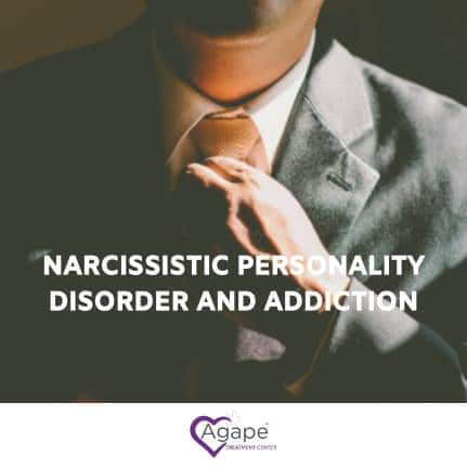 Person adjusting a tie in a suit with text Narcissistic Personality Disorder and Addiction.
