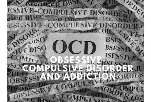 OCD text surrounded by obsessive compulsive disorder paper, Agape Treatment Center logo with heart and dove.