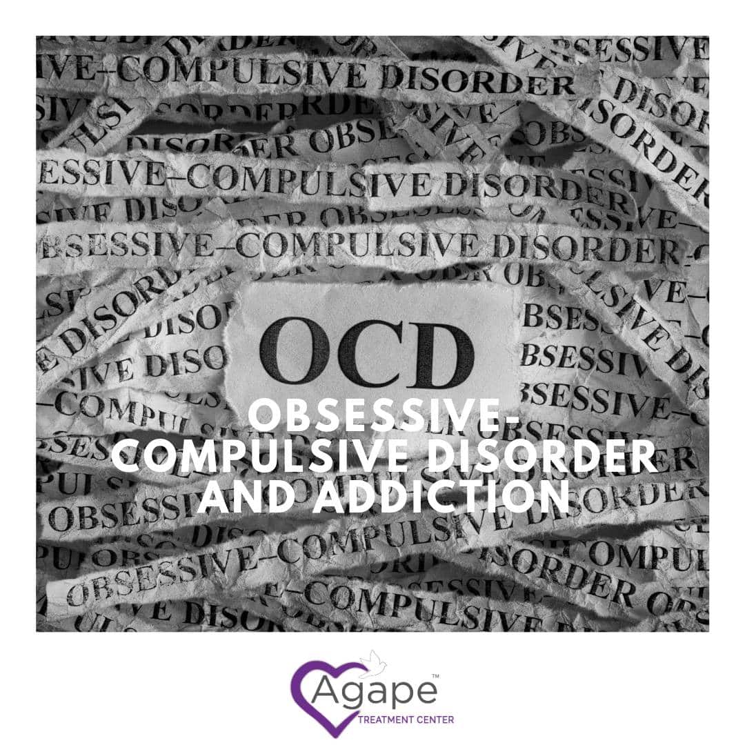 OCD text surrounded by obsessive compulsive disorder paper, Agape Treatment Center logo with heart and dove.