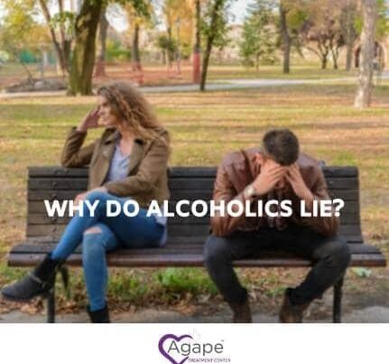 Two people sitting on a park bench, one holding head in hands, text overlay Why do alcoholics lie?.