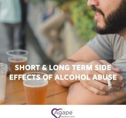 Person in gray shirt holding a glass next to text Short & Long Term Side Effects of Alcohol Abuse.