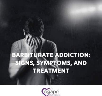 Person covering face with hands, text BARBITURATE ADDICTION: SIGNS, SYMPTOMS, AND TREATMENT.