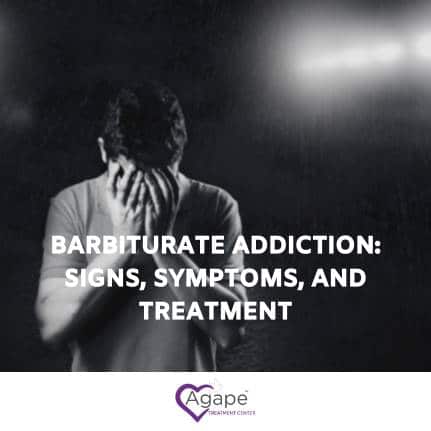 Person covering face with hands, text BARBITURATE ADDICTION: SIGNS, SYMPTOMS, AND TREATMENT.