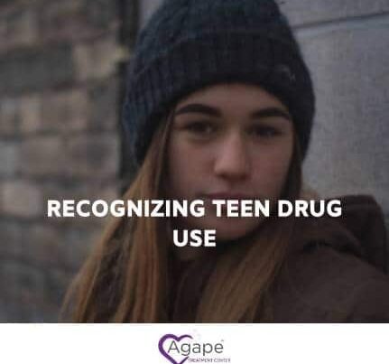 Person wearing a knit hat and coat with text Recognizing Teen Drug Use.