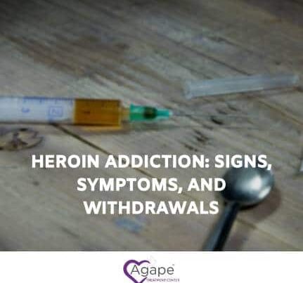 Syringe and spoon on table with text HEROIN ADDICTION: SIGNS, SYMPTOMS, AND WITHDRAWALS.