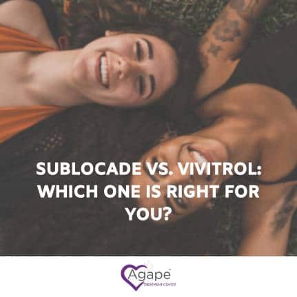 Two people lying on grass smiling with text overlay SUBLOCADE VS. VIVITROL: WHICH ONE IS RIGHT FOR YOU?.
