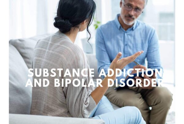 Person discussing while seated, wearing a blue shirt; Substance Addiction and Bipolar Disorder text overlaid.