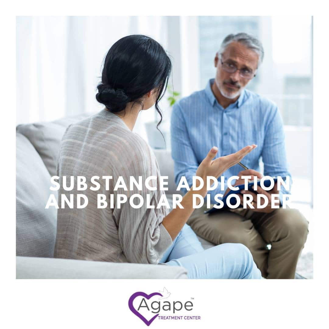 Person discussing while seated, wearing a blue shirt; Substance Addiction and Bipolar Disorder text overlaid.