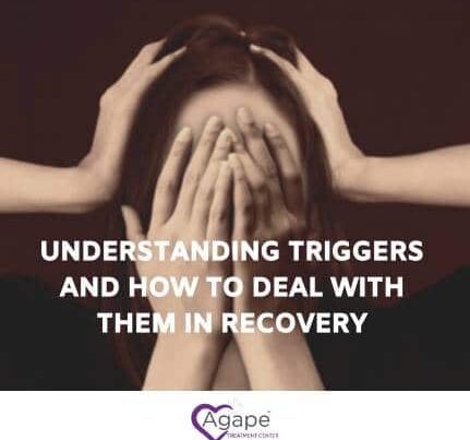 Person covering face with hands, white text Understanding Triggers and How to Deal with Them in Recovery, Agape logo.