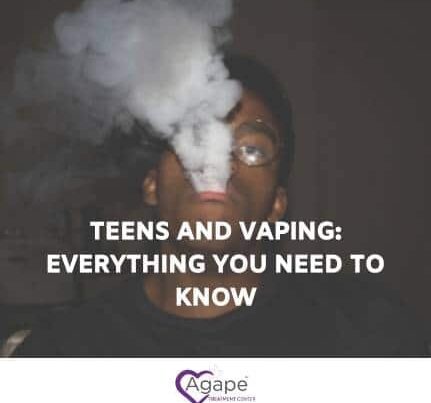 Person exhaling vape cloud with text Teens and Vaping: Everything You Need to Know and Agape Treatment Center logo.