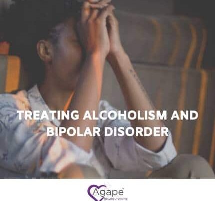 Person covering face with hands in contemplation, text overlay Treating Alcoholism and Bipolar Disorder.