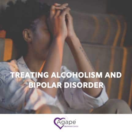 Person covering face with hands in contemplation, text overlay Treating Alcoholism and Bipolar Disorder.