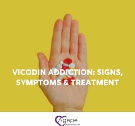 Hand holding pills against a yellow background with text Vicodin Addiction: Signs, Symptoms & Treatment.