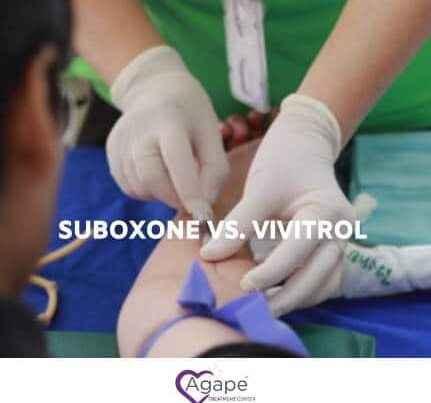 Person in green shirt administering injection with gloves. Text Suboxone vs. Vivitrol overlaid.