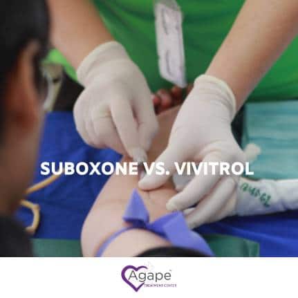 Person in green shirt administering injection with gloves. Text Suboxone vs. Vivitrol overlaid.