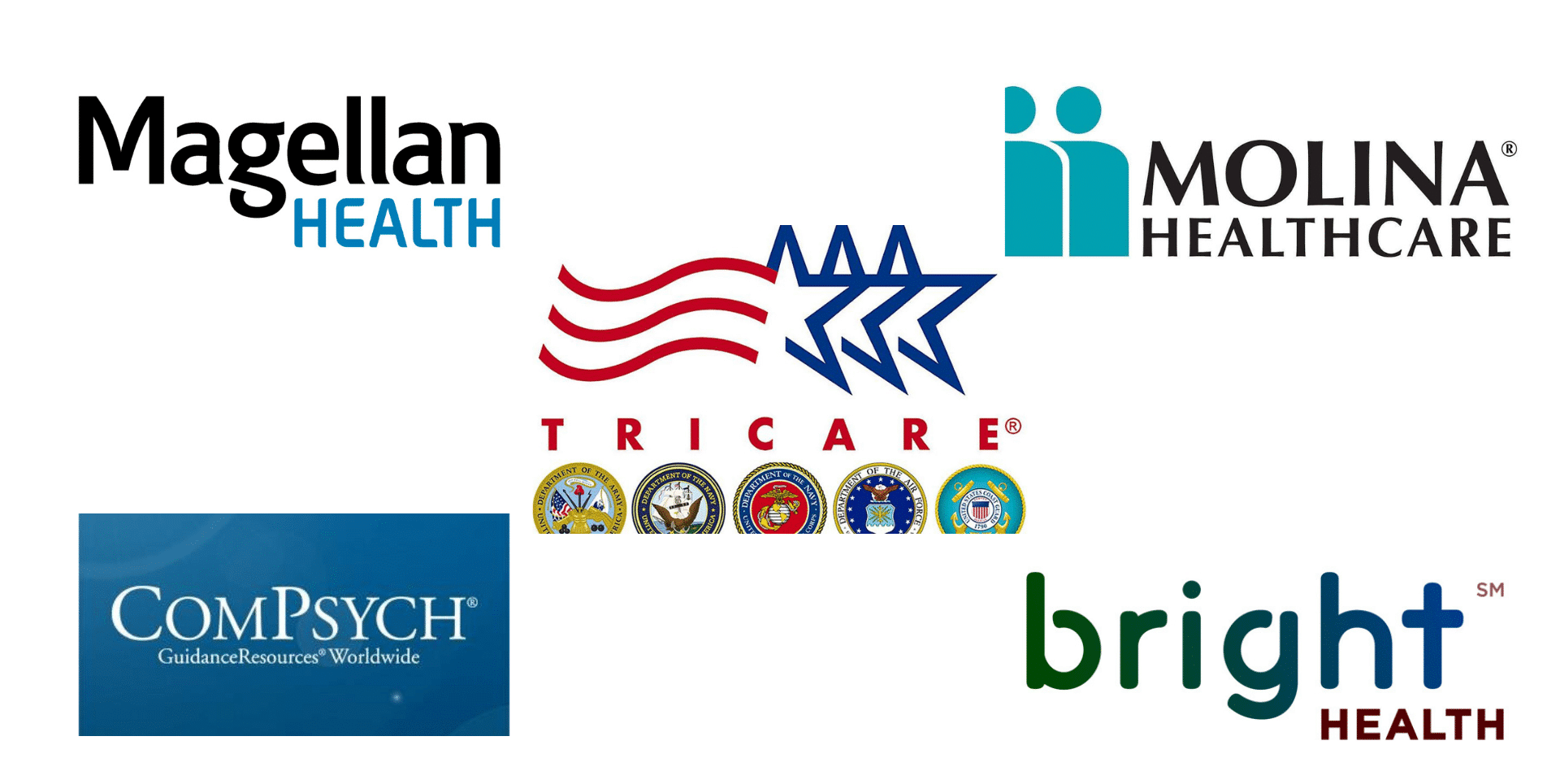 Magellan Health, Molina Healthcare, Tricare, ComPsych, Bright Health logos displayed.