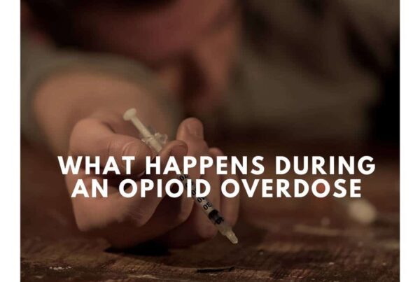 Person holding syringe with folded arms, text What happens during an opioid overdose.
