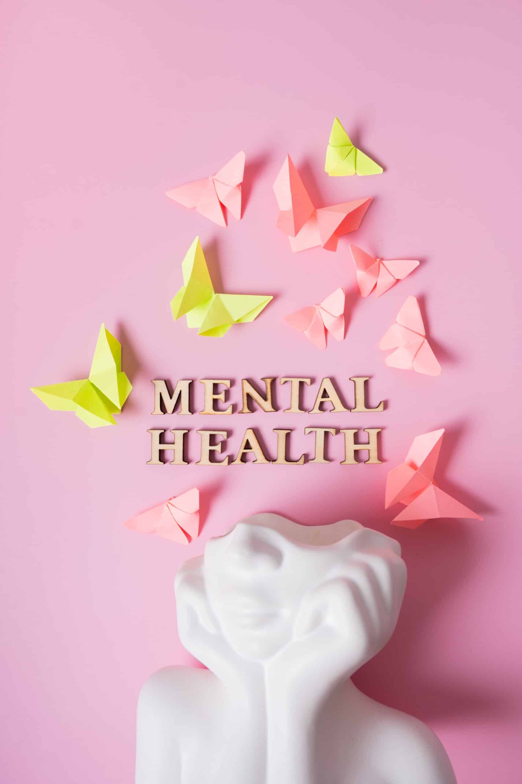 A picture of a head with butterflies coming out of it with mental health written above the head. It shows the benefits of schizoaffective treatment