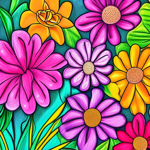 Colorful illustration of various flowers including pink, orange, and purple blooms with green leaves.