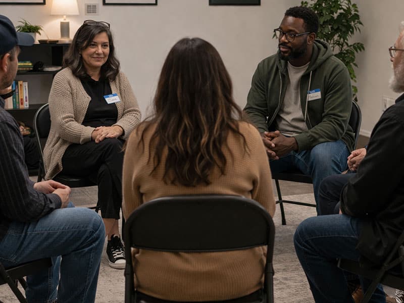 Group of people sitting in a circle during a meeting, with one woman wearing a beige cardigan.