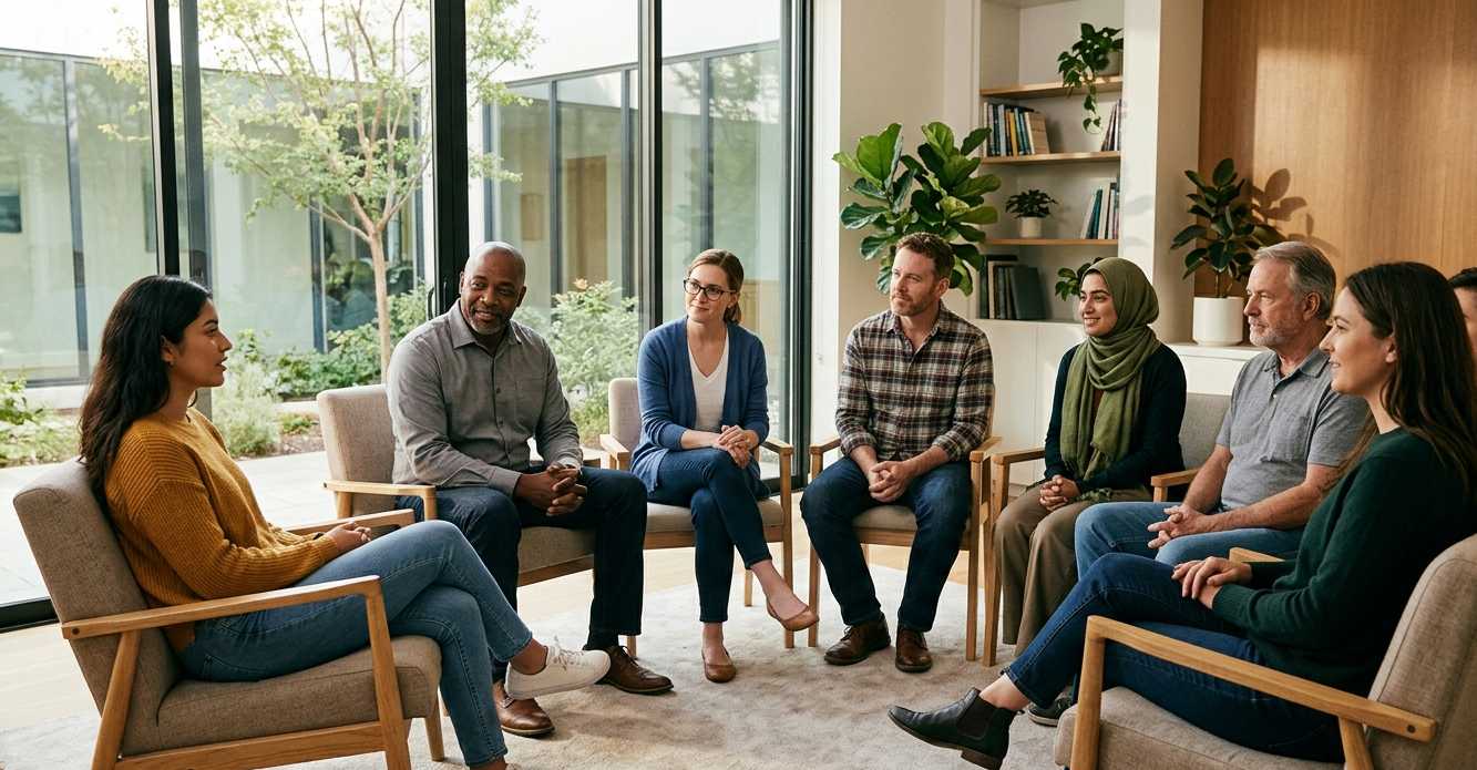 Group of diverse people sitting in a circle and having a discussion indoors.